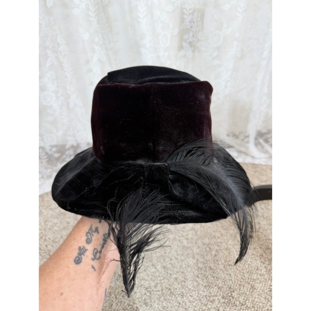 Vintage Velvet Bucket Hat Burgundy Black Feather Bow Cloche Millinery